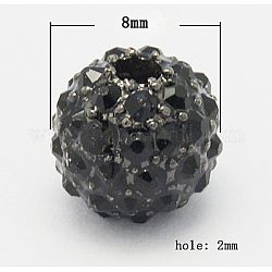 Perles en alliage, avec des strass, Grade a, ronde, gunmetal, taille: environ 8mm de diamètre, Trou: 2mm