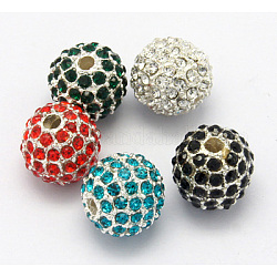 Alloy Beads, with Rhinestones, Grade A, Round, Silver Color Plated, Mixed Color, Size: about 10mm in diameter hole: 2mm