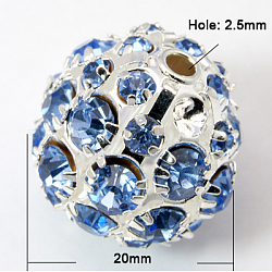Messing Legierung Strass Perlen, Klasse A, Runde, Verdeck blau, 20 mm, Bohrung: 2.5 mm