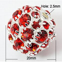 Messing Legierung Strass Perlen, Klasse A, Runde, rot, 20 mm, Bohrung: 2.5 mm
