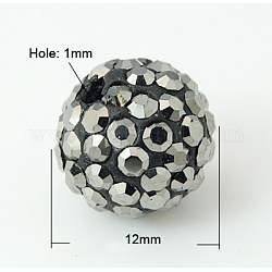 Perles de boule pavé disco , Perles de strass en argile polymère, Grade a, jet hématite, pp13 (1.9~2mm), 12mm, Trou: 1mm