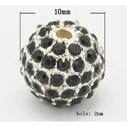 合金ビーズ  ラインストーン付き  グレードA  ラウンド  銀色のメッキ  ブラック  サイズ：直径の穴は約10 MM：2mm RB-Q060-3-1