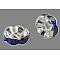 Brass Rhinestone Spacer Beads, Grade A, Wavy Edge, Silver Color Plated, Rondelle, Sapphire, 7x3.2mm, Hole: 1mm