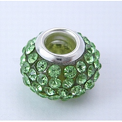Resin European Rhinestone Beads, Grade A, with Silver Plated Brass Double Cores, Rondelle, Lime Green, 15x10mm, Hole: 5mm