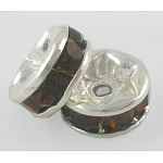 Séparateurs perles en laiton avec strass, couleur argentée, sans nickel, Smoked Topaz, 6x3mm, Trou: 1mm