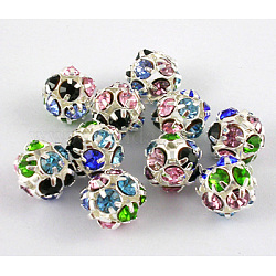 Rhinestone Beads, Round, Brass, Nickel Free, Silver Color, about 10mm in diameter, hole: 1.2mm