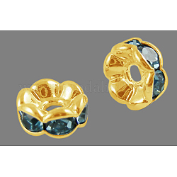 Perles séparateurs en laiton avec strass, Grade a, rondelle, doré et sans nickel, bleu, environ 6 mm de diamètre, épaisseur de 3mm, Trou: 1mm