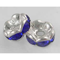 Perles séparateurs en laiton avec strass, perles, Grade a, saphir strass, couleur argentée, sans nickel, environ 8 mm de diamètre, épaisseur de 3.8mm, Trou: 1.5mm