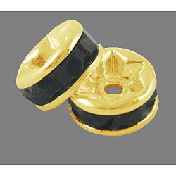Séparateurs perles en laiton avec strass, plaqué or, rondelle, sans nickel, jet, 4x2mm, Trou: 0.8mm