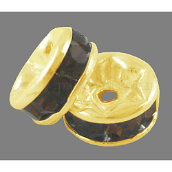 Grade ottone a strass distanziatore perline, oro placcato, rondelle, nichel libero, topazio fumoso, 4x2mm, Foro: 0.8 mm