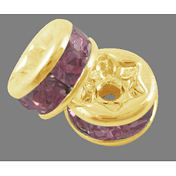 Grade ottone a strass distanziatore perline, oro placcato, rondelle, nichel libero, roso, 4x2mm, Foro: 0.8 mm