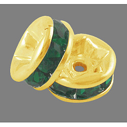 Brass Grade A Rhinestone Spacer Beads, Golden Plated, Rondelle, Nickel Free, Emerald, 6x3mm, Hole: 1mm