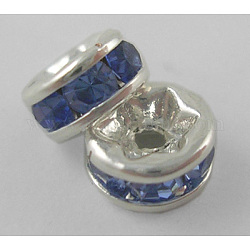 Brass Grade A Rhinestone Spacer Beads, Silver Color Plated, Nickel Free, Light Sapphire, 6x3mm, Hole: 1mm