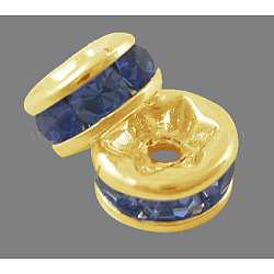 Séparateurs perles en laiton avec strass, plaqué or, rondelle, sans nickel, saphir clair, 6x3mm, Trou: 1mm