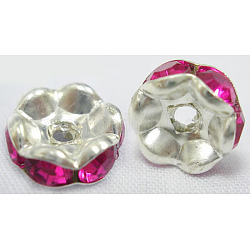 Brass Rhinestone Spacer Beads, Grade A, Nickel Free, Rondelle, Silver Color Plated, Fuchsia, about 6mm in diameter, hole: about 1mm