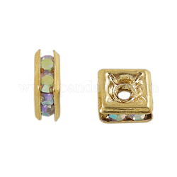 Brass Rhinestone Spacer Beads, Grade A, Square, Nickel Free, AB color, Golden Plated, 5mmx5mmx2.5mm, hole: 1mm