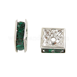 Perline distanziatori strass, quadrato, nichel libero, verde, colore argento placcato, 5mmx5mmx2.5mm, Foro: 1 mm