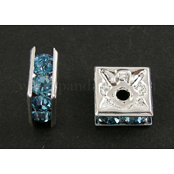 Abalorios de Diamante de imitación de latón, Grado A, cuadrado, sin níquel, aguamarina, color plateado, 5 5 mmx mmx 2.5 mm, agujero: 1 mm