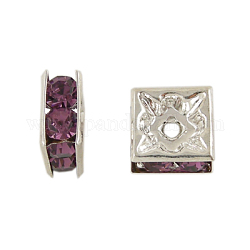 Brass Rhinestone Spacer Beads, Square, Nickel Free, DeepPurple, Silver Color Plated, 5mmx5mmx2.5mm, hole: 1mm