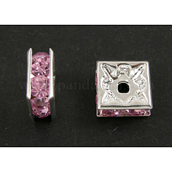 Brass Rhinestone Spacer Beads, Square, Nickel Free, Pink, Silver Color Plated, 6mmx6mmx3mm, hole: 1mm