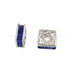 Brass Rhinestone Spacer Beads, Beads, Square, Nickel Free, Sapphire, Silver Color Plated, 6mmx6mmx3mm, hole: 1mm