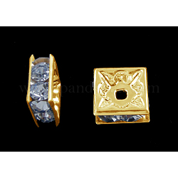 Brass Rhinestone Spacer Beads, Square, Nickel Free, Golden, Sky Blue, 8x8x4mm, Hole: 1mm