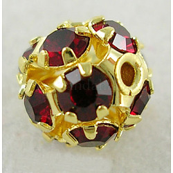 Messing Legierung Strass Perlen, Runde, golden, 12-Facetten, rot, ca. 8 mm Durchmesser, Bohrung: 1.5 mm