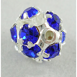 Brass Rhinestone Beads, Grade A, Blue, Round, Silver Color Plated, 12 Facets, 8mm, hole: about 1.5mm