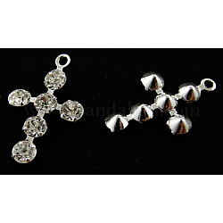 Brass Rhinestone Pendants, Cross, Silver Color Plated, Clear, about 12mm wide, 20mm long, hole: 1mm