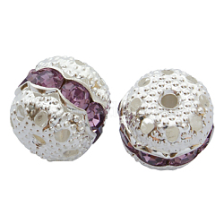 Messing Legierung Strass Perlen, silberfarben plattiert, lt.amethyst, Runde, ca. 10 mm Durchmesser, Bohrung: 1.5 mm