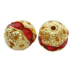 Латунные бусины со стразами , золотые, красные, круглые, диаметром около 8 мм , отверстие : 1 мм