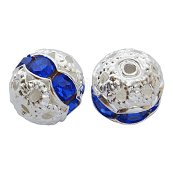 Brass Rhinestone Beads, Silver Color Plated, Sapphire, Round, about 8mm in diameter, hole: 1mm