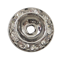 Brass Rhinestone Bead Spacers, Rondelle, Platinum, about 11mm in diameter, 3mm thick, hole: 1.8mm