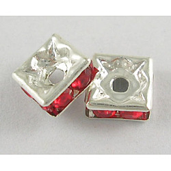 Brass Rhinestone Spacer Beads, Grade A, Square, Red, Silver Color Plated, about 6mm long, 6mm wide, 2.8mm thick, hole: 1mm