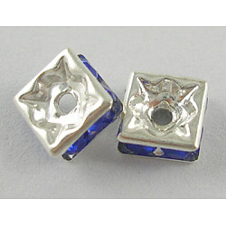 Perles séparateurs en laiton avec strass, Grade a, carrée, bleu, couleur argentée, longueur d'environ 6 mm ,  largeur de 6 mm, épaisseur de 2.8mm, Trou: 1mm