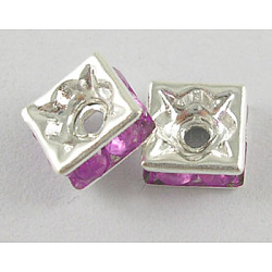 Perles séparateurs en laiton avec strass, perles, Grade a, carrée, lt.purple, couleur argentée, longueur d'environ 6 mm ,  largeur de 6 mm, épaisseur de 2.8mm, Trou: 1mm