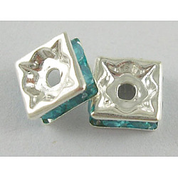 Abalorios de latón Diamante de imitación espaciador, Grado A, cuadrado, cian, Color de metal de plata, aproximamente 6 mm de largo, 6 mm de ancho, 2.8 mm de espesor, agujero: 1 mm