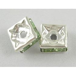 Perles séparateurs en laiton avec strass, Grade a, carrée, Lt.green, couleur argentée, longueur d'environ 6 mm ,  largeur de 6 mm, épaisseur de 2.8mm, Trou: 1mm