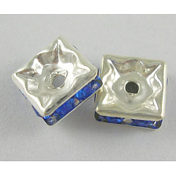 Perles séparateurs en laiton avec strass, Grade a, carrée, bleu, couleur argentée, longueur d'environ 8 mm ,  largeur de 8 mm, épaisseur de 3.5mm, Trou: 1mm