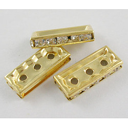 Brass Rhinestone Bridge Spacers, Clear, Golden Plated, Rectangle, 3-Hole, 3.5x18mm, hole: 2mm