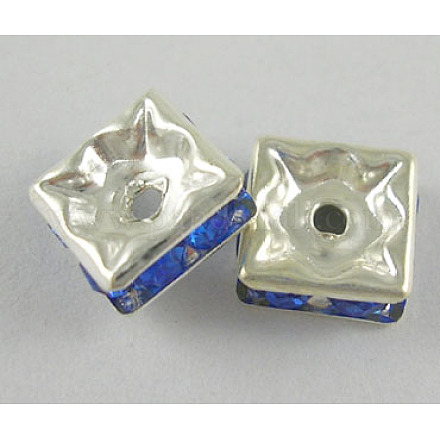 真鍮製ラインストーンスペーサービーズ  グレードA  正方形  ブルー  銀色のメッキ  約8mm長  8 mm幅  厚さ3.5mm  穴：1mm RSB8mmC04-1