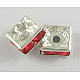 真鍮製ラインストーンスペーサービーズ  グレードA  正方形  レッド  銀色のメッキ  約6mm長  6 mm幅  厚さ2.8mm  穴：1mm RSB6mmC01-1