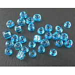 8/0 Perlas de semillas de vidrio, colores transparentes, cielo azul profundo, aproximamente 3 mm de diámetro, agujero: 0.8 mm, aproximamente 10000 unidades / bolsa