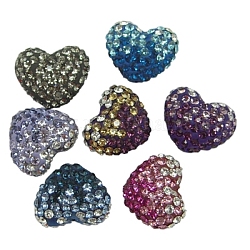Austrian Crystal Pave Beads, Mother's Day Jewelry Making, with Polymer Clay inside, Heart, Mixed Color, about 14mm wide, 11mm long, 8mm thick, hole: 1mm