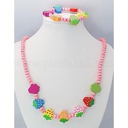 Colorful Wooden Jewelry Sets, Necklace & Bracelet Sets for Kid, Children's Day Gifts, Pink, Necklaces: about 21 inch long, Bracelets: about 45mm inner diameter