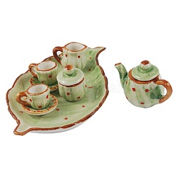 Porcelain Tea Set Decorations, Yellow Green, Size: Saucer: about 17~78mm long, 17~48mm wide, 5~6.5mm thick, Teapot: about 13~23mm long, 13~31mm wide, 12~19mm thick, Teacup: about 10mm long, 16mm wide