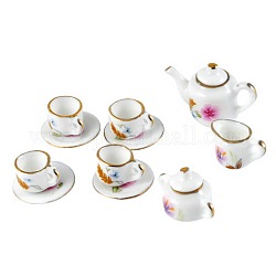 Porcelain Tea Set Decorations, Violet, Size: Saucer: about 18mm in diameter, 3mm thick, Teapot: about 11~20mm long, 18~30mm wide, 12~15mm thick, Teacup: about 9mm long, 15mm wide, 10mm thick