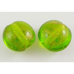 Handmade Gold Sand Lampwork Beads, Flat Round, Lawn Green, Size: about 12mm in diameter, 8.5mm thick, hole: 2mm