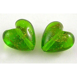 Handmade Gold Sand Lampwork Beads, Heart, Lime, Size: about 12mm wide, 12mm long, hole: 1.5mm
