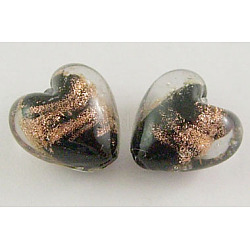 Handmade Gold Sand Lampwork Beads, Heart, Black, Size: about 12mm wide, 12mm long, hole: 1.5mm